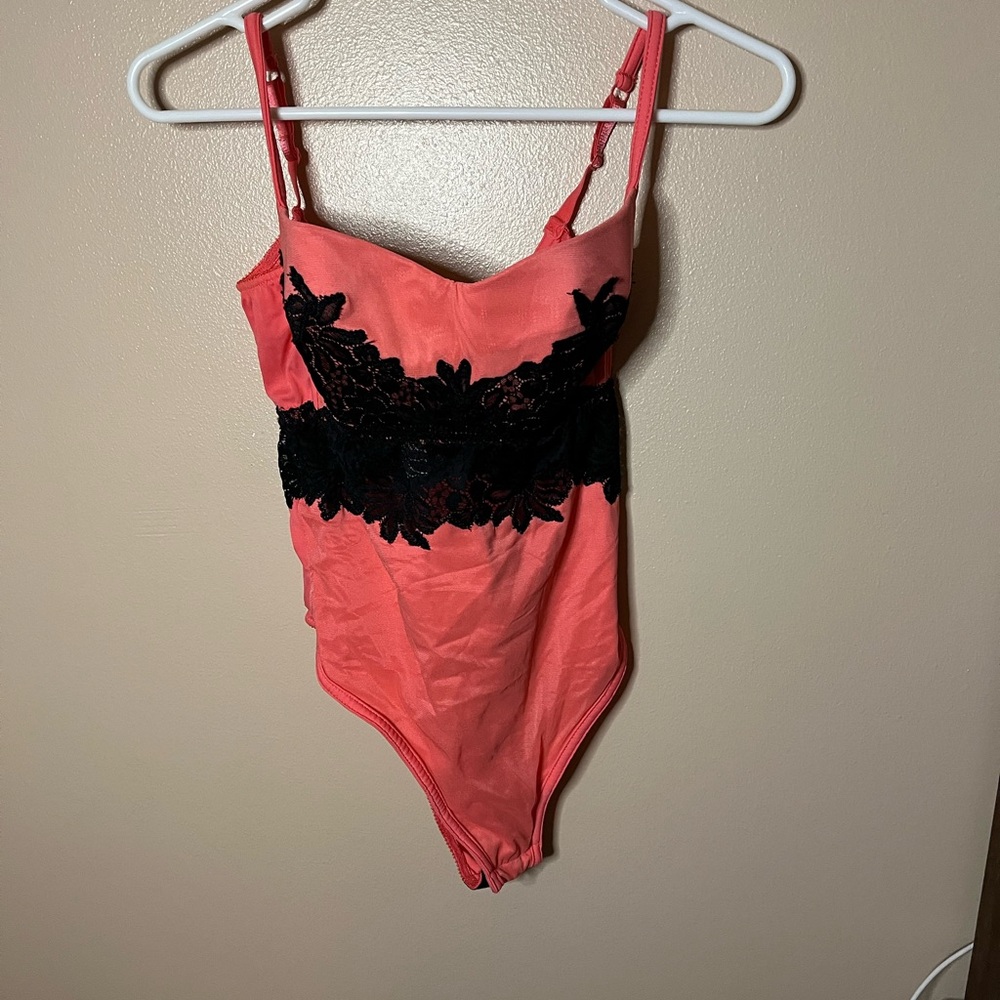 Vintage Victoria's Secret Coral Bodysuit with Black Lace